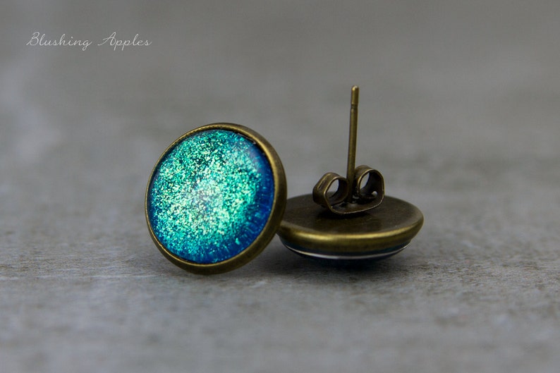 Turquoise Glitter Stud Earrings Spirit of India 12 mm / Hand Painted Minimalist Earrings image 7