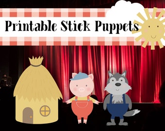 The Three Little Pigs Stick Puppet Printable | 12 Figures | Story Time | Storytelling | Puppet | Theater Printable | Big Bad Wolf | Piggies