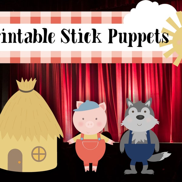 The Three Little Pigs Stick Puppet Printable | 12 Figures | Story Time | Storytelling | Puppet | Theater Printable | Big Bad Wolf | Piggies