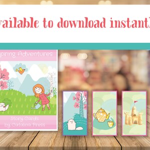 May include: A set of four illustrated story cards featuring a spring theme. The cards are pink, blue, and green with images of a girl watering a tree, a cat, a teapot, and a sandcastle. The cards are titled "Spring Adventures Story Cards by Catalina Press".