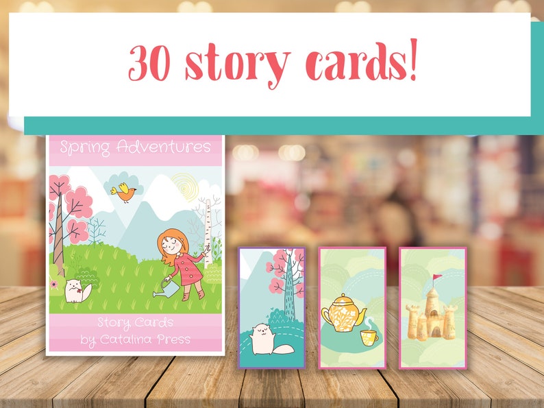 May include: A set of 30 story cards featuring spring adventures. The cards are illustrated with colorful scenes of a girl watering a tree, a cat, a teapot, and a sandcastle. The cards are titled "Spring Adventures Story Cards by Catalina Press".