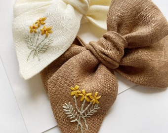 Fall  Floral Embroidered Bow  | Embroidery | Linen Pinwheel Bow