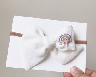 Pastel Rainbow Embroidery Bow | Medium size