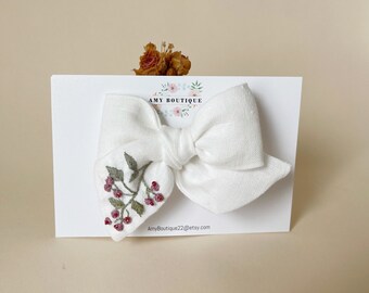 Floral   Embroidery Bow | White linen bow