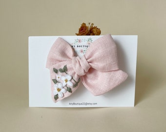 Floral Embroidery Bow | Light Pink Bow