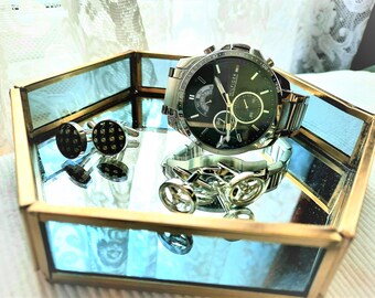 Marocchino Bluey / Green Glass & Mirrored Hexagonal Trinket Vassoio