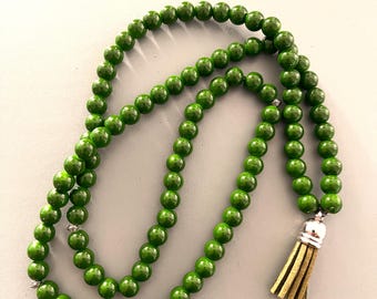 Collana unica fatta a mano con perline di vetro, Tasbeeh, Mala, effetto marmo verde scuro, rosari