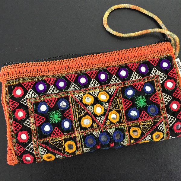 Ethnic Purse • Boho • Sindhi Mirrored Purse • Embroidered • Orange • Tribal • Bohemian • Handmade in Pakistan