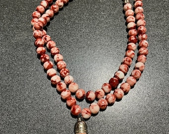 Collana di perline di vetro fatta a mano unica, Tasbeeh, Mala, rosa/rosso, effetto marmo, perline di preghiera