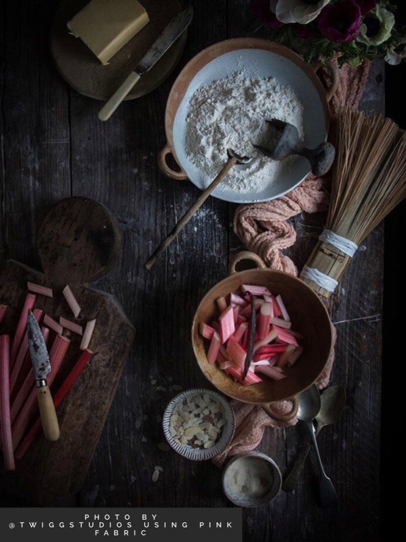 Stylish flatlay with rhubarb by Twigg Studios.