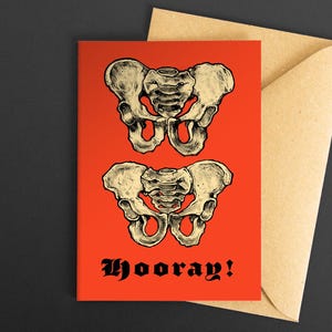 May include: A red card with two black and white illustrations of human pelvic bones. The text "Hooray!" is printed in black at the bottom of the card.