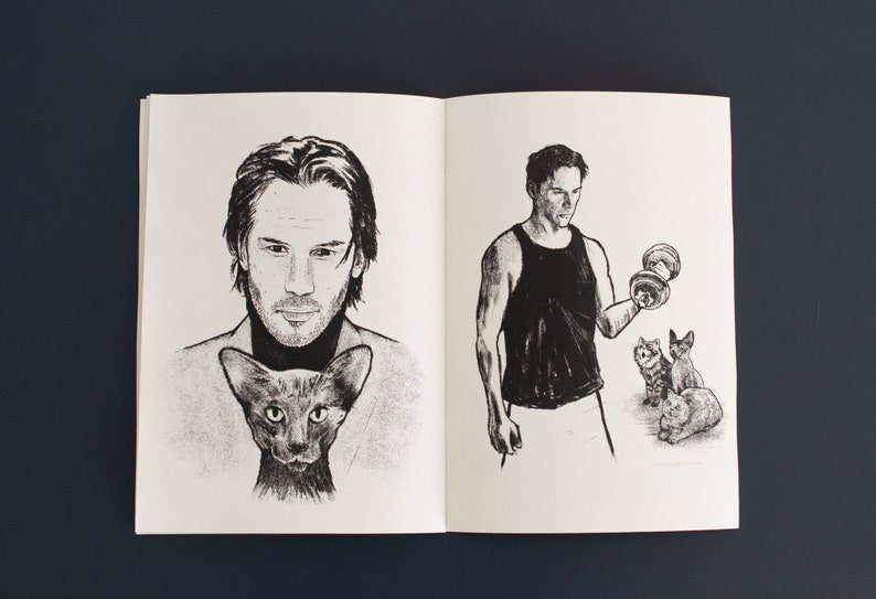 Pode incluir: Duas p&aacute;ginas de um livro com ilustra&ccedil;&otilde;es a preto e branco. Uma p&aacute;gina mostra um retrato de um homem com um gato, a outra um homem a levantar um haltere com gatos por perto. As ilustra&ccedil;&otilde;es s&atilde;o detalhadas e art&iacute;sticas.