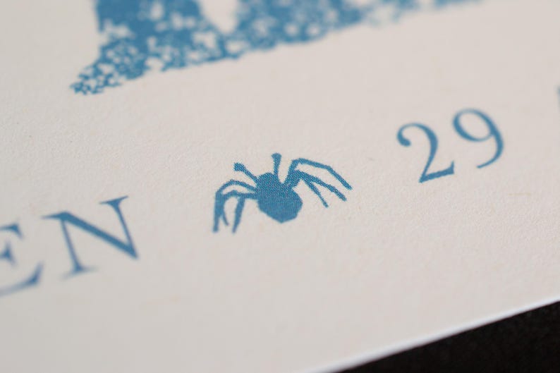 Puede incluir: Una superficie de papel blanco con texto y gr&aacute;ficos impresos en azul. Los elementos visibles incluyen las letras EN, el n&uacute;mero 29 y un peque&ntilde;o icono de ara&ntilde;a azul colocado entre ellos. La impresi&oacute;n tiene un aspecto texturizado y estampado.