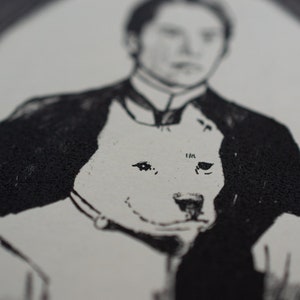 May include: Black and white print depicting a man and a dog. The man is in a suit, and the dog is white with a collar. The image has a vintage style, possibly a portrait.