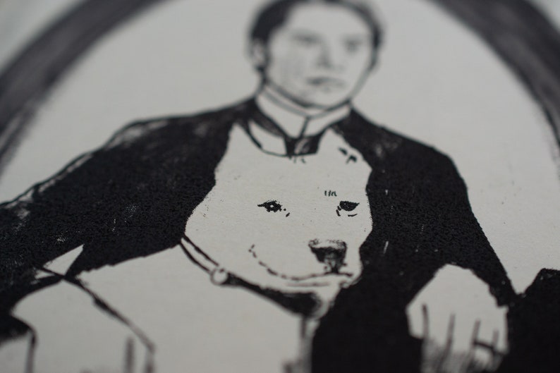 May include: Black and white print depicting a man and a dog. The man is in a suit, and the dog is white with a collar. The image has a vintage style, possibly a portrait.