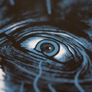 Puede incluir: Una ilustraci&oacute;n gr&aacute;fica que presenta un ojo humano detallado en tonos azul oscuro, negro y blanco. La obra utiliza texturas de tinta densas y l&iacute;neas marcadas para crear profundidad, con una pupila y un iris prominentes rodeados de sombras.