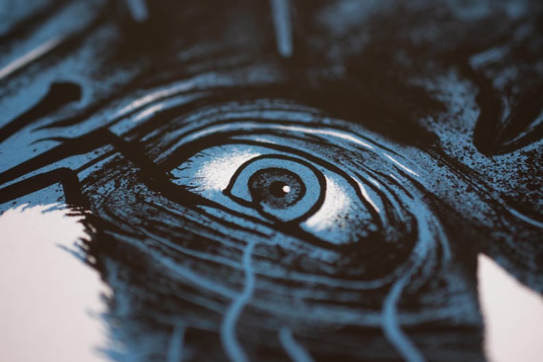 Puede incluir: Una ilustraci&oacute;n gr&aacute;fica que presenta un ojo humano detallado en tonos azul oscuro, negro y blanco. La obra utiliza texturas de tinta densas y l&iacute;neas marcadas para crear profundidad, con una pupila y un iris prominentes rodeados de sombras.