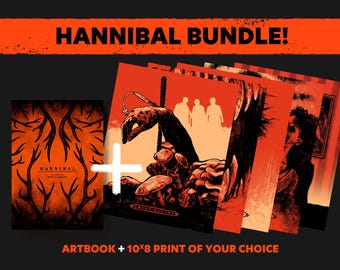 May include: A Hannibal Lecter art book bundle featuring a red and black art book with the title "Hannibal" and ten 10x8 inch prints of your choice.
