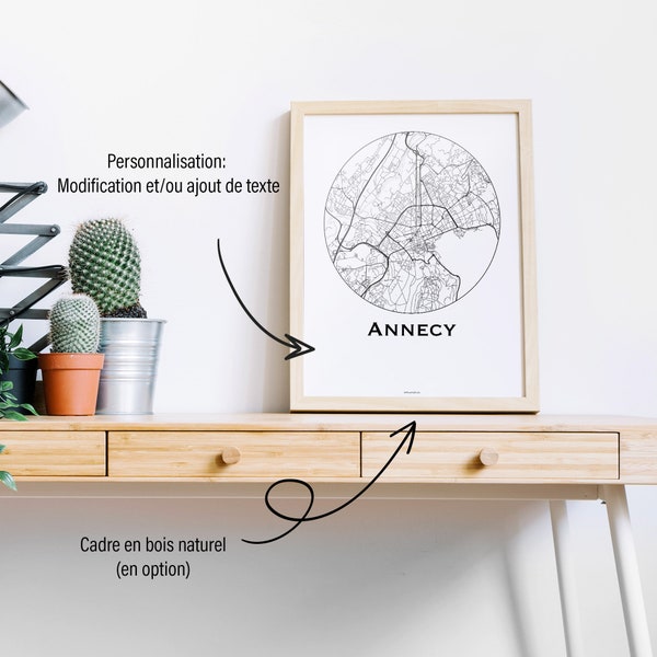 Affiche Annecy France Minimalist Map (+ cadre en bois)