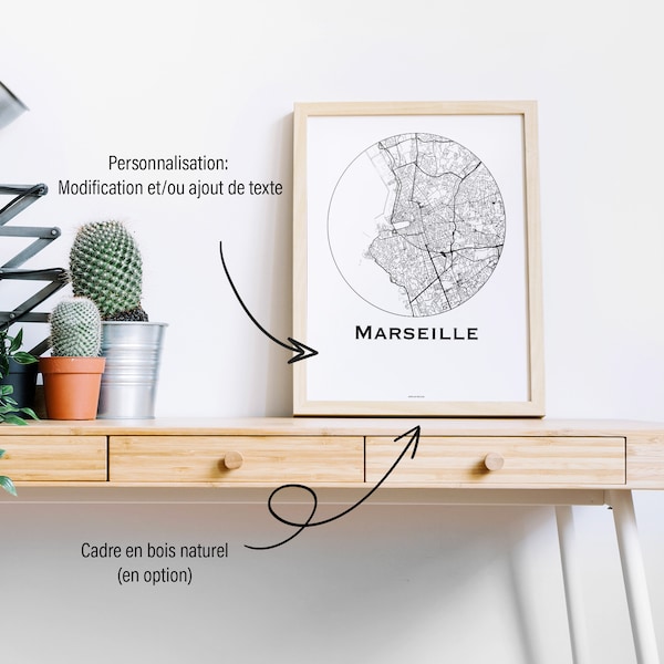 Affiche Marseille France Minimalist Map (+ cadre en bois)