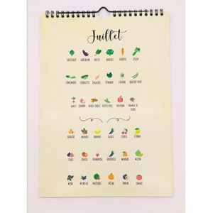 May include: A spiral-bound calendar page with the word "Juillet" at the top. It features colorful illustrations of various fruits and vegetables, including artichoke, eggplant, broccoli, carrot, and celery. The page is cream-colored.