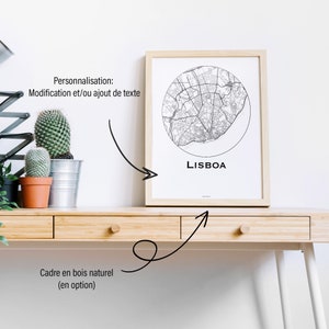 Affiche Lisbonne Portugal Minimaliste Map (+ cadre en bois)