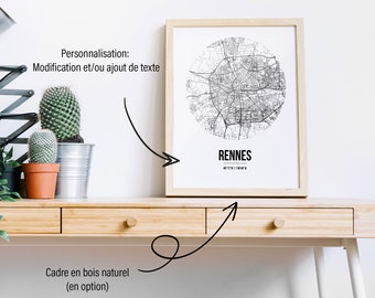 Affiche Rennes France Street Map (+ cadre en bois)