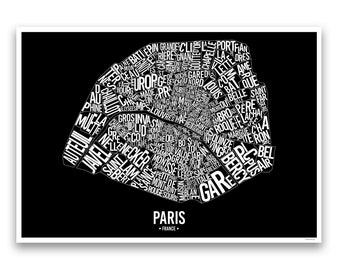 Affiche Quartiers de Paris, plan des arrondissements, carte de lieux, poster capitale de france