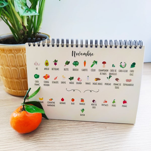 Seasonal Fruits & Vegetables Calendar 21x15cm - Perpetual easel calendar to place on base - Eat seasonally every month of the year