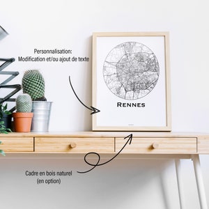 Affiche Rennes France Minimalist Map (+ cadre en bois)