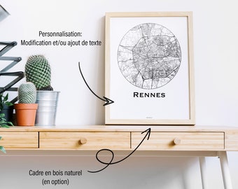 Affiche Rennes France Minimalist Map (+ cadre en bois)