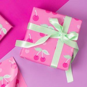 Pink Cherry and Heart Valentine's Wrapping Paper