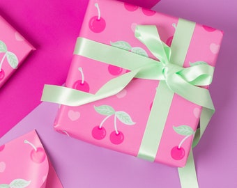 Papel de regalo de San Valentín con cereza rosa y corazón