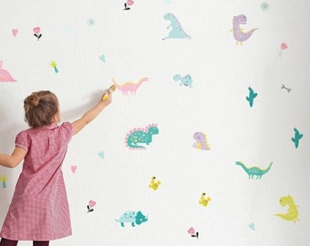 Cute Pastel Dinosaur Wall Decals, Decorative Jurassic Easy Removal Mural, Baby Nursery Triceratops, Pterodactyl, Plesiosaurus, Tyrannosaurus