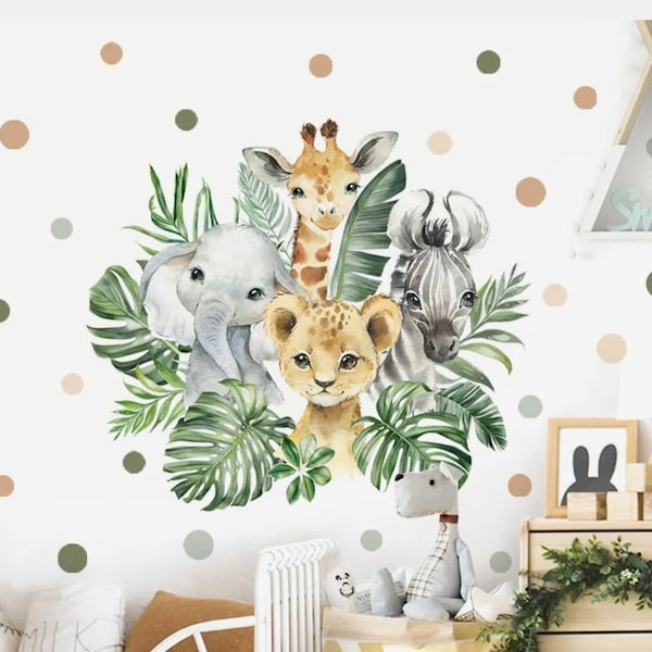 Watercolor Safari Animal Wall Decals, Decorative Jungle Stickers, Elephant, Cheetah, Giraffe Easy Removal Mural, Boho Jungle Baby Nursery