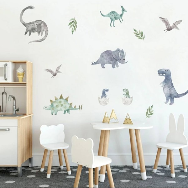 Decalques de parede de dinossauro em aquarela, mural decorativo jurássico de fácil remoção, triceratops de berçário de bebê, pterodáctilo, plesiossauro, tiranossauro