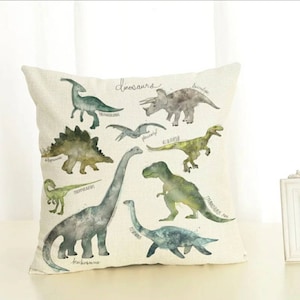 Linen Watercolor Dinosaur Cushion Cover, Dino Decor, Cotton Triceratops, Velocoraptor, Stegosaurus, Plesiosaurus, Tyrannosaurus Painted Art