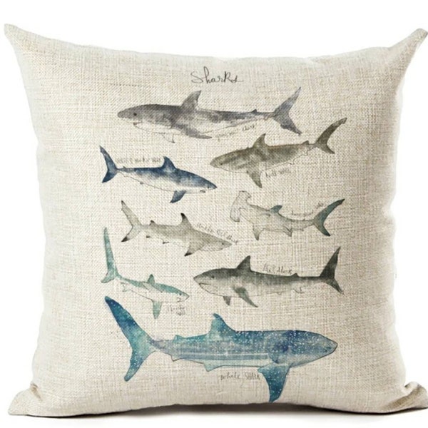 Lin Aquarelle Peinte Requins Housse de coussin, Salle de jeux pour enfants, Oreiller de pépinière, Requin-marteau, Variétés sous la mer, Types Océan