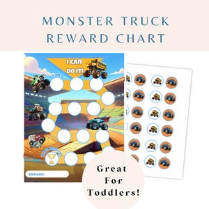 Könnte beinhalten: Ein druckbarer Monstertruck-Belohnungs-Chart mit einem Rennstreckendesign. Der Chart hat 20 Kreise für Sticker und einen Platz für eine Belohnung. Er enthält den Text "Ich kann es schaffen!" und "Du hast es geschafft!" mit einem Trophäensymbol. Der Chart wird von 20 Monstertruck-Stickern begleitet.