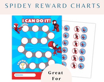 May include: A printable Spiderman themed reward chart with a blue background and a red and blue Spiderman character. The chart has a path with 18 circles to be filled in with stickers. The chart says "I Can Do It!" and "You Did It!" with a trophy icon. The chart also has a space for a reward. The image includes a sheet of 24 Spiderman stickers.