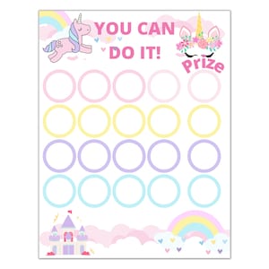 Peut inclure: Un tableau imprimable sur le th&egrave;me de la licorne pour les enfants. Il repr&eacute;sente une licorne avec un arc-en-ciel et le texte "You Can Do It!" et "Prize". Le tableau comporte 16 cercles en quatre rang&eacute;es de quatre, chacun d'une couleur pastel diff&eacute;rente.