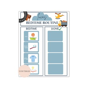 Könnte beinhalten: Eine blaue und weiße druckbare Bettroutine-Tabelle für ein Kind namens Lucas. Die Tabelle enthält eine Checkliste mit vier Punkten: Baden, Zähne putzen, Schlafanzug und Buch. Die Tabelle enthält auch Illustrationen einer Badewanne, einer Zahnbürste, eines Schlafanzugs und eines Buches.