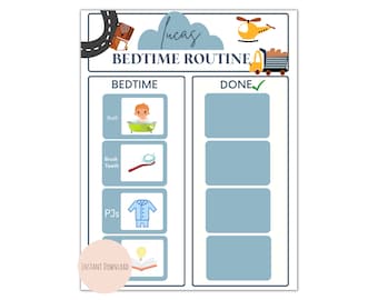 May include: A blue and white printable bedtime routine chart for a child named Lucas. The chart has a checklist with four items: bath, brush teeth, PJs, and book. The chart also includes illustrations of a bathtub, toothbrush, pajamas, and a book.