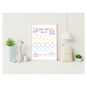 Peut inclure: Un tableau imprimable sur le th&egrave;me de la licorne pour les enfants. Il pr&eacute;sente un arc-en-ciel, un ch&acirc;teau et des nuages. Le tableau comporte 15 cercles pour suivre les progr&egrave;s. Le texte sur le tableau indique "You Can Do It! Prize".