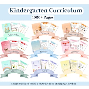 Könnte beinhalten: Ein Kindergarten-Lehrplan-Set mit über 1000 Seiten an Lehrmaterialien, die von September bis Mai monatlich gegliedert sind. Jeder Monat enthält ein thematisches Deckblatt, Unterrichtspläne und Arbeitsblätter, die mit Bannern versehen sind.