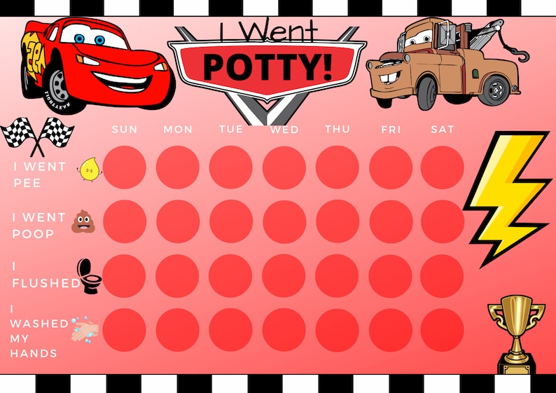 Cars Potty Training Chart Printable, Toilet Training Chart, Toileting Reward Chart, Instant Download, Cars Reward Chart, Sticker Chart image 1