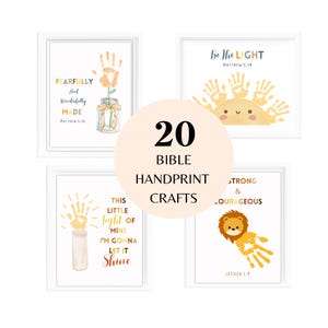 May include: A set of 20 printable Bible-themed handprint crafts. The images feature a variety of designs, including a sun, a flower, a candle, and a lion. Each design includes a Bible verse.