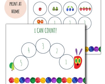 Hungry Caterpillar Preschool Counting Worksheet, Toddler Learning Activity, Busy Book Page, The Very Hungry Caterpillar, Counting Activity