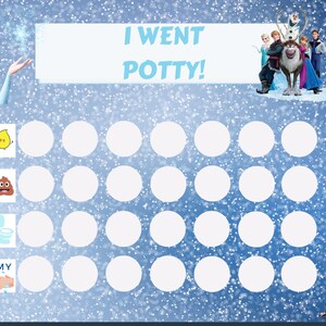 May include: A blue and white Frozen-themed potty training chart with a picture of Elsa at the top. The chart has four rows with the following text: I went pee, I went poop, I flushed, I washed my hands. Each row has 16 blank circles for the child to color in as they complete each task.