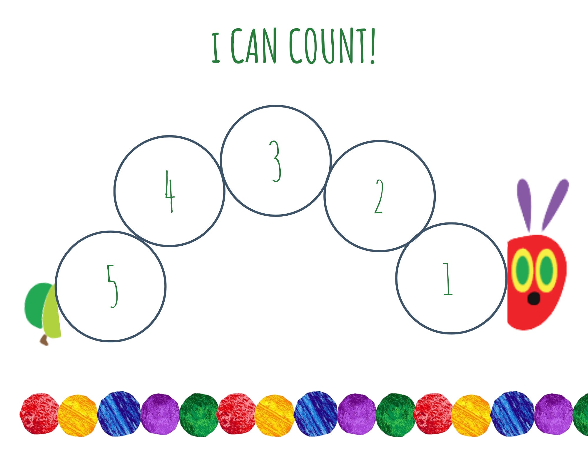Hungry Caterpillar Preschool Counting Worksheet, Toddler Learning Activity, Busy Book Page, the